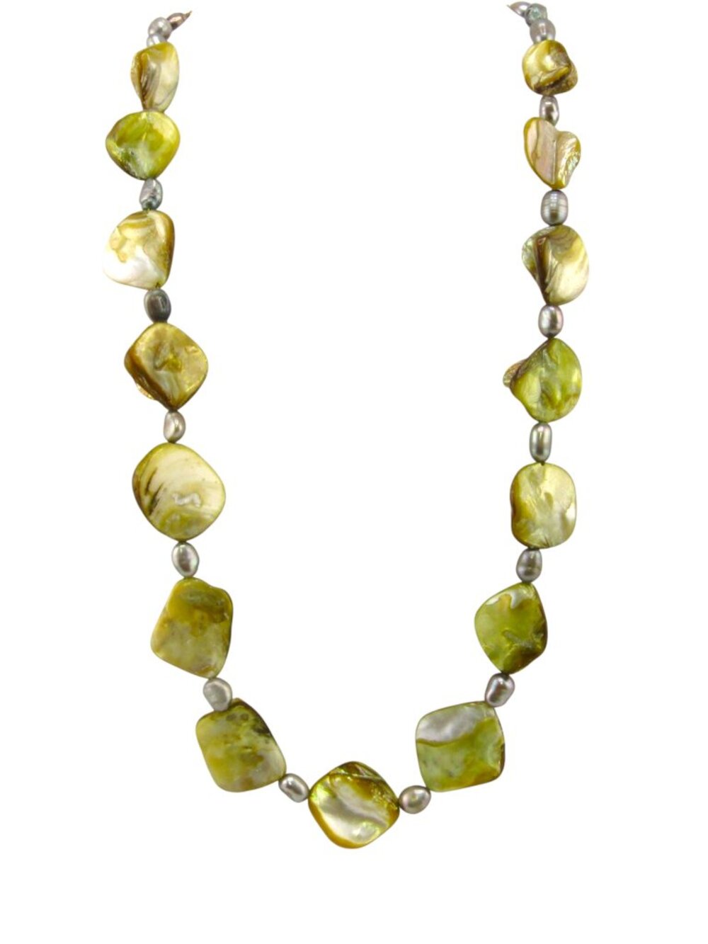 Vintage Green Mother of Pearl Necklace Silver Gray Pearl Spacers Gold Tone Clasp